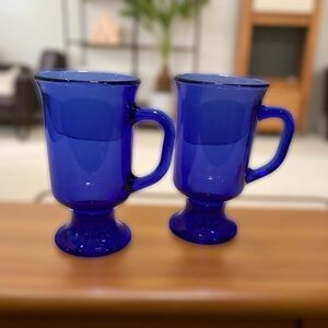Vintage Anchor Hocking Cobalt Blue Footed Irish Coffee Mugs Latte Set Of 2
